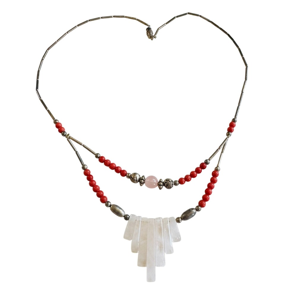 VTG‎ Native American Necklace Red Coral quartz Beaded Multi strand Liquid Silver